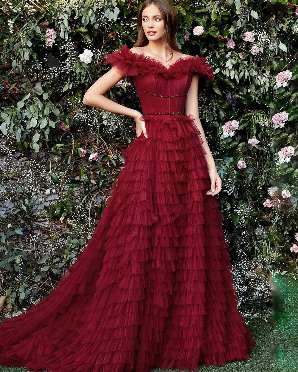 Gorgeous Burgundy Ruffels Evening Dress Dubai Arabic Off The Shoulder Dubai Elegant Party Gowns A Line robe de soirée Customized