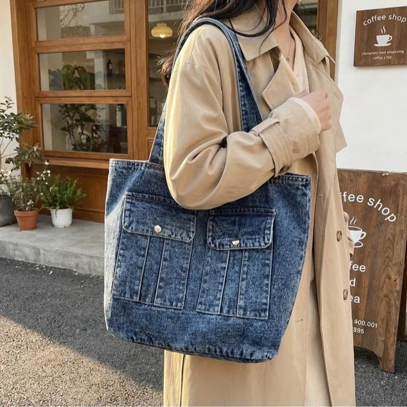 

Large Capacity Casual Denim Tote Bag, Suitable For Women, For Daily Commute, School Use, Weekend Shopping, Short Travel And