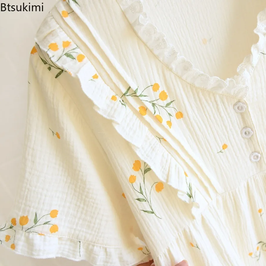 2025 Women's Summer Nightdress 100% Cotton Gauze Crepe Skirt Thin Short Sleeve Sweet and Cute Cardigan Skirt Home Skirt Female