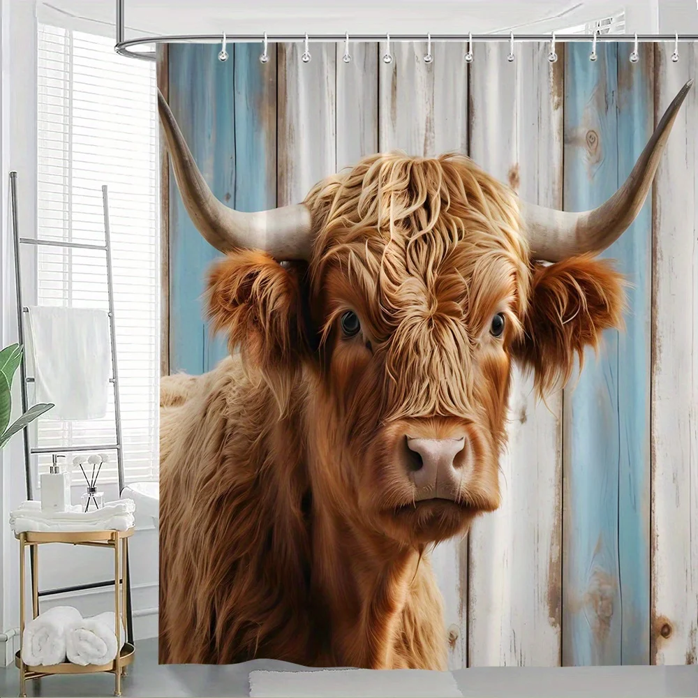 

1 шт. занавеска для душа Highland Cow — деревенский деревянный фон с голубыми глазами и коричневым мехом, полиэфирная ткань, 70,8x70,8 дюймов