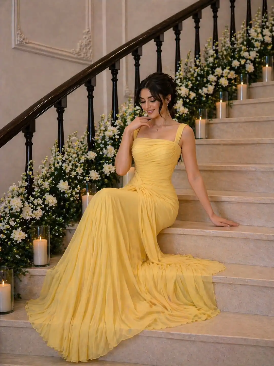 

Customized Elegant Vintage Yellow Chiffon Women's Floor-Length Formal Evening Gown Homecoming Dress Simply Draped