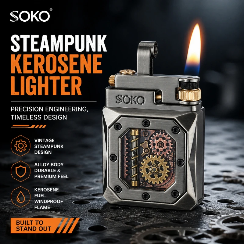 New Retro Mechanical Grinding Wheel Lamp Oil Metal Lighter Ordinary Open Flame Lighter Portable Smoking Outdoor Igniter