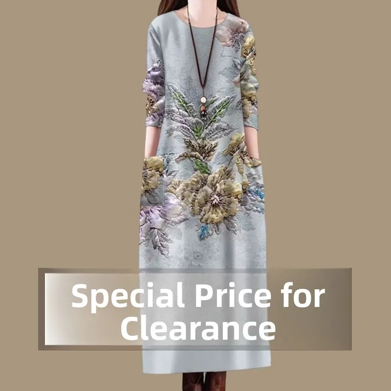 Ele Floral Print Long Sve Dr Damen Frühling Herbst Vintage Lose runde Ne Rock mit ket Casual Sle A-Line D...