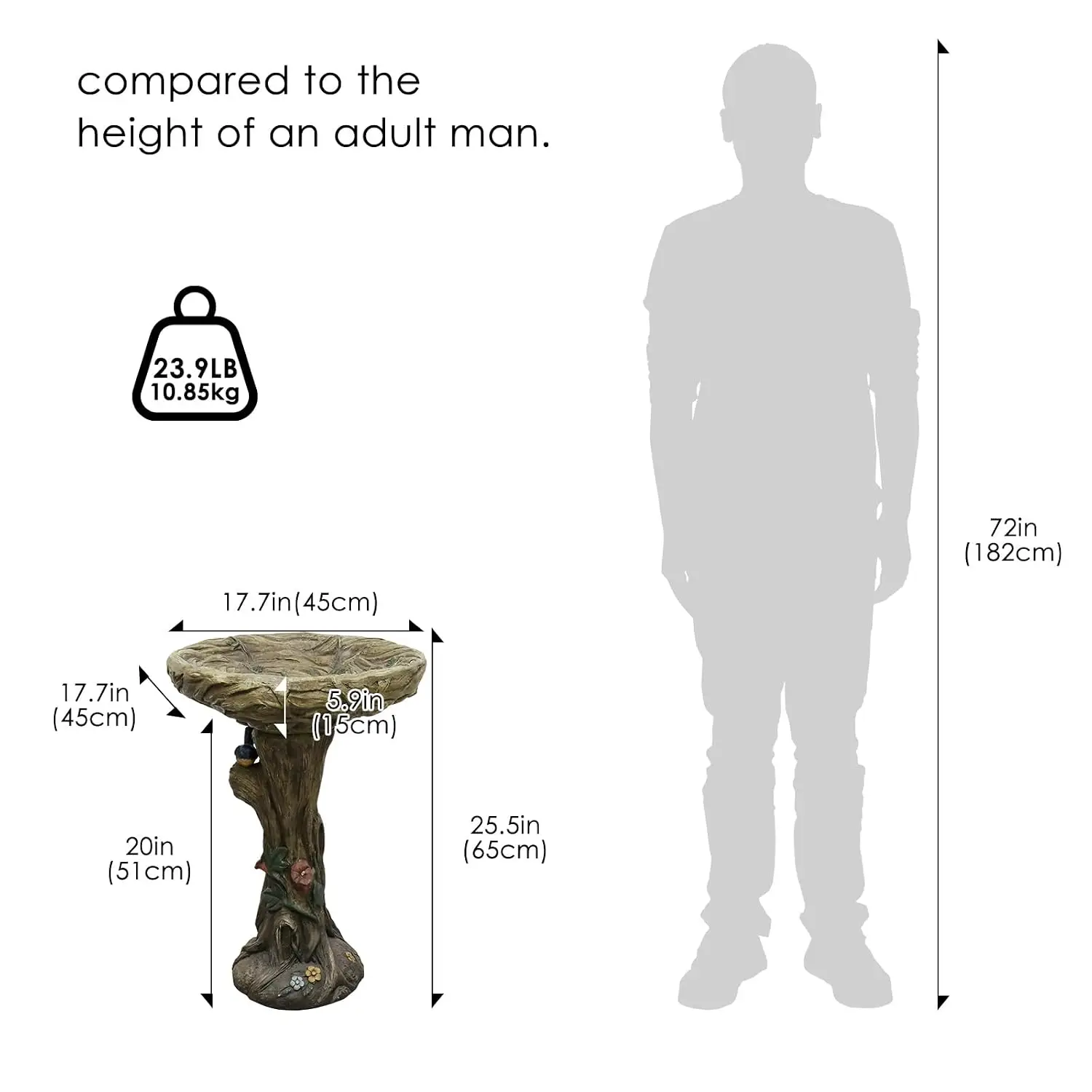 25.5 Inch Heigh Wood-Look Concrete Bird Bath with Decorative Faux Bird – birdbath Rustic & Long-Lasting Design,, Customized