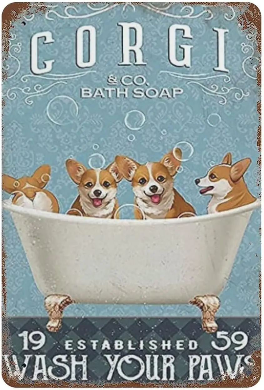 Habilboi Corgi & Co Bath Soap Established Wash Your Paws Corgi Lover Gift Dog Aluminum Metal Fun Bathroom Vintage Tin Signs