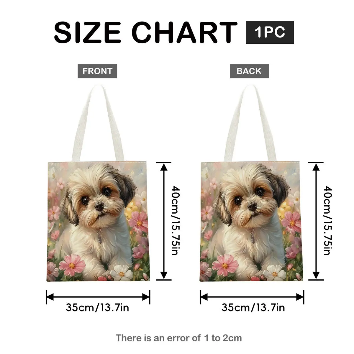 2D Flat 1pc Cute Watercolor Fluffy Puppy in Flowers Reusable Tote Bag, Duplex Prints Adorable Dog Surrounded by Pink White Bloom
