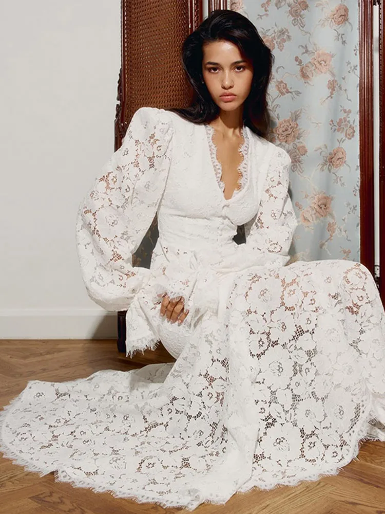 

Hollow Out Women Skirt Set Fashion Lace Long Sleeve Single Breasted V-neck Summer Dress Elegant Female Beachwear 2026