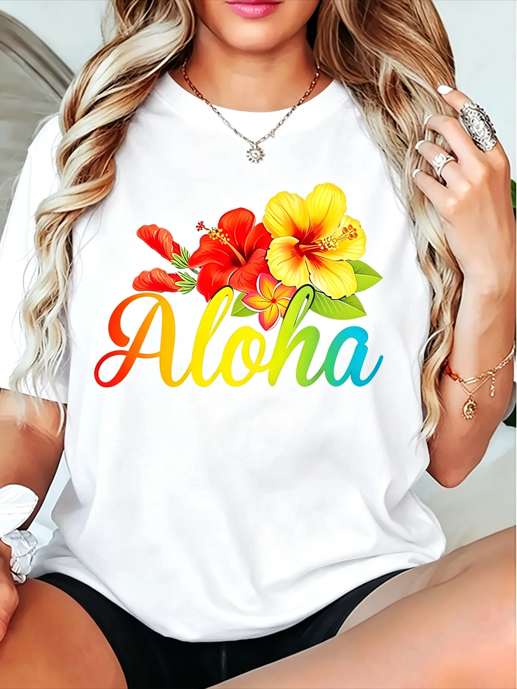 Aloha Hawaiian Hibiscus Flower Print Women T Shirt Casual Short Sleeve O-neck Summer Beach Oversized Tops Women Tropical Tops