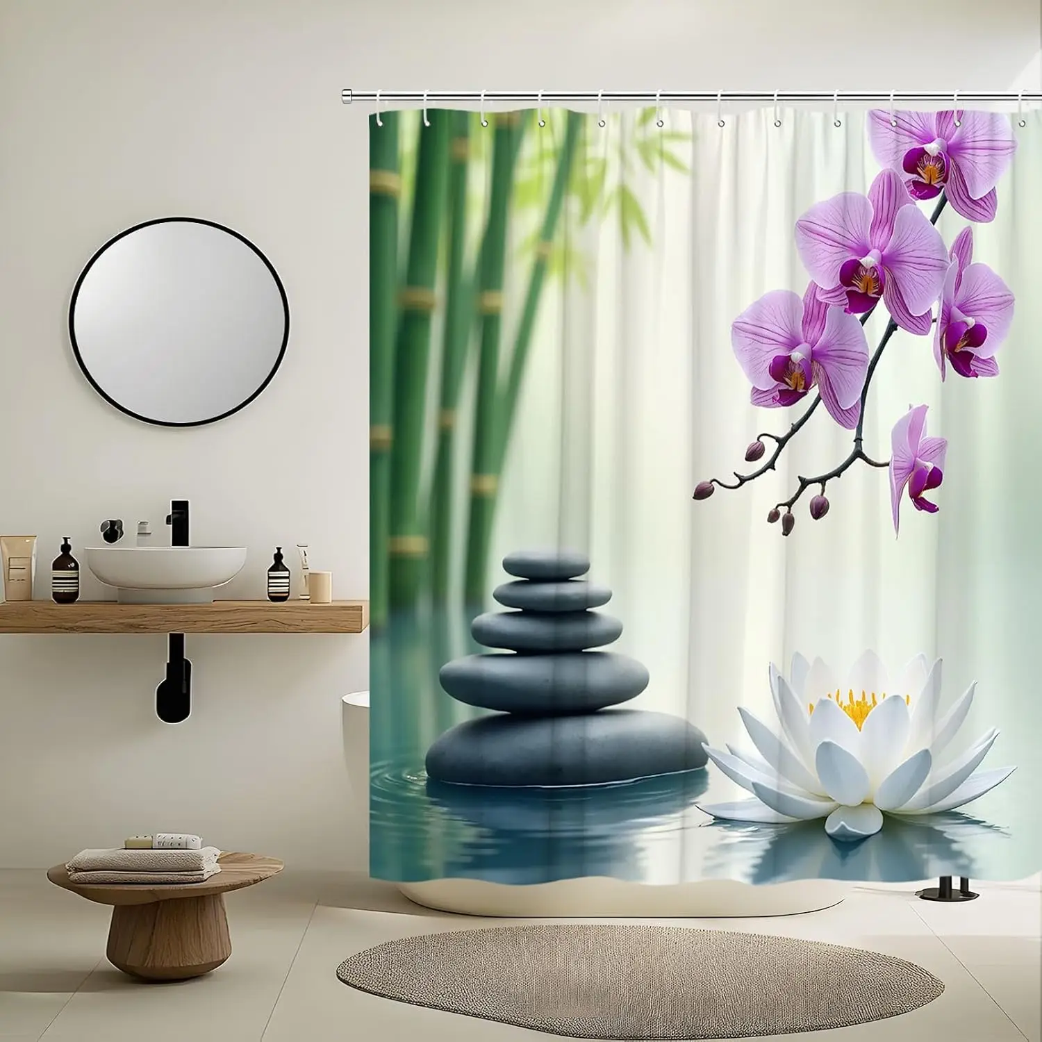 

Zen Spa Shower Curtain Garden Spa Spring Purple Orchid Relaxation Lotus Japanese Asian Wildflower Nature Plant Nature Shower