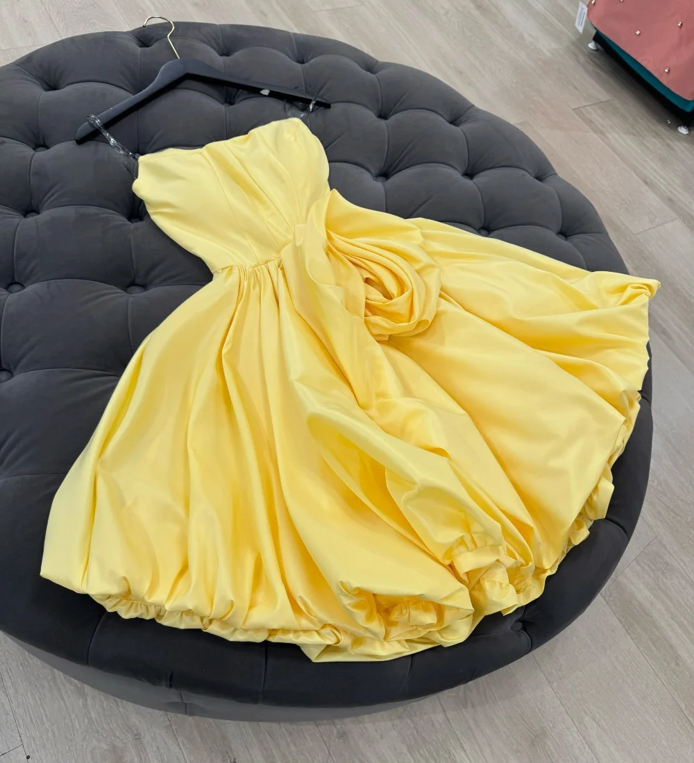 Customized Yellow Simple Sizes Available Pleat Handmade Flower Ruched A-line Strapless Short Dresses Evening Dresses Elegant