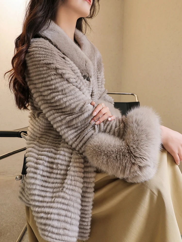 HDHOHR 2025 High Quality Natural Mink Fur Coat Women Winter Warm Fox Fur Decorate Knitted Real Mink Fur Jacket Fashion Female