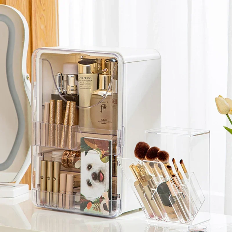 Clear Cosmetic Brush Storage Box Makeup Brush Holder with Lid Large-Capacity Cosmetic Holder Pen Slant Lipstick Desk Container