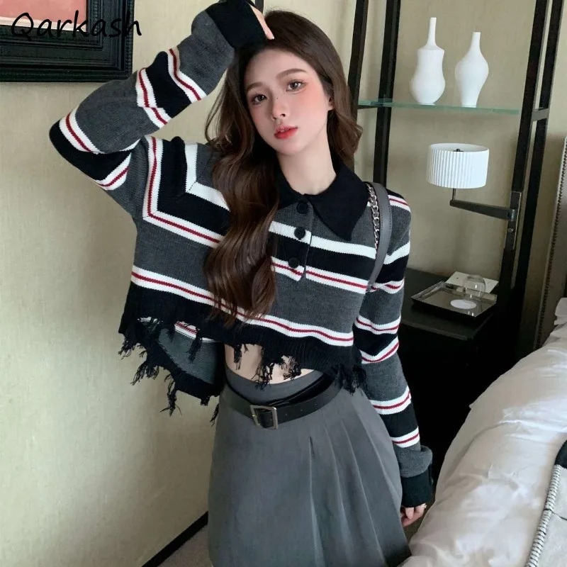 

Chic Tassel Striped Knitted Pullovers Women Fashion All-match Young Sweet Short Tops Girls Loose Leisure Knitwear Vintage Ins BF