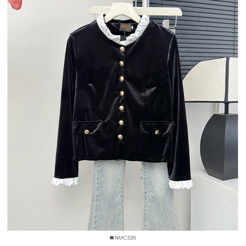 Female Autumn 2024 New Fashionable Stand Up Collar Loose Long Sleeve Black Metal Buckle Velvet Shirt Women Blouse