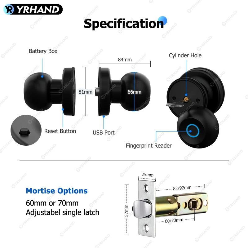YRHAND O2 fechadura eletronico digital Knob Fingerprint Tuya Bluetooth Easy installation cylinder Smart door lock for Home