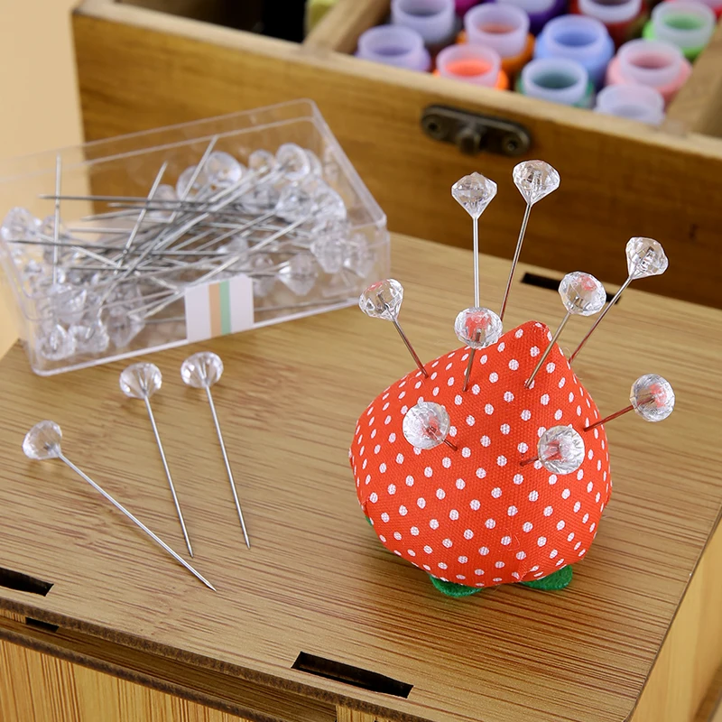 1/2Box 50/100Pcs Alloy Pins Transparent Diamond Pin DIY Wedding Bouquet Pins Stitching Needles Plastic Box Sewing Accessories