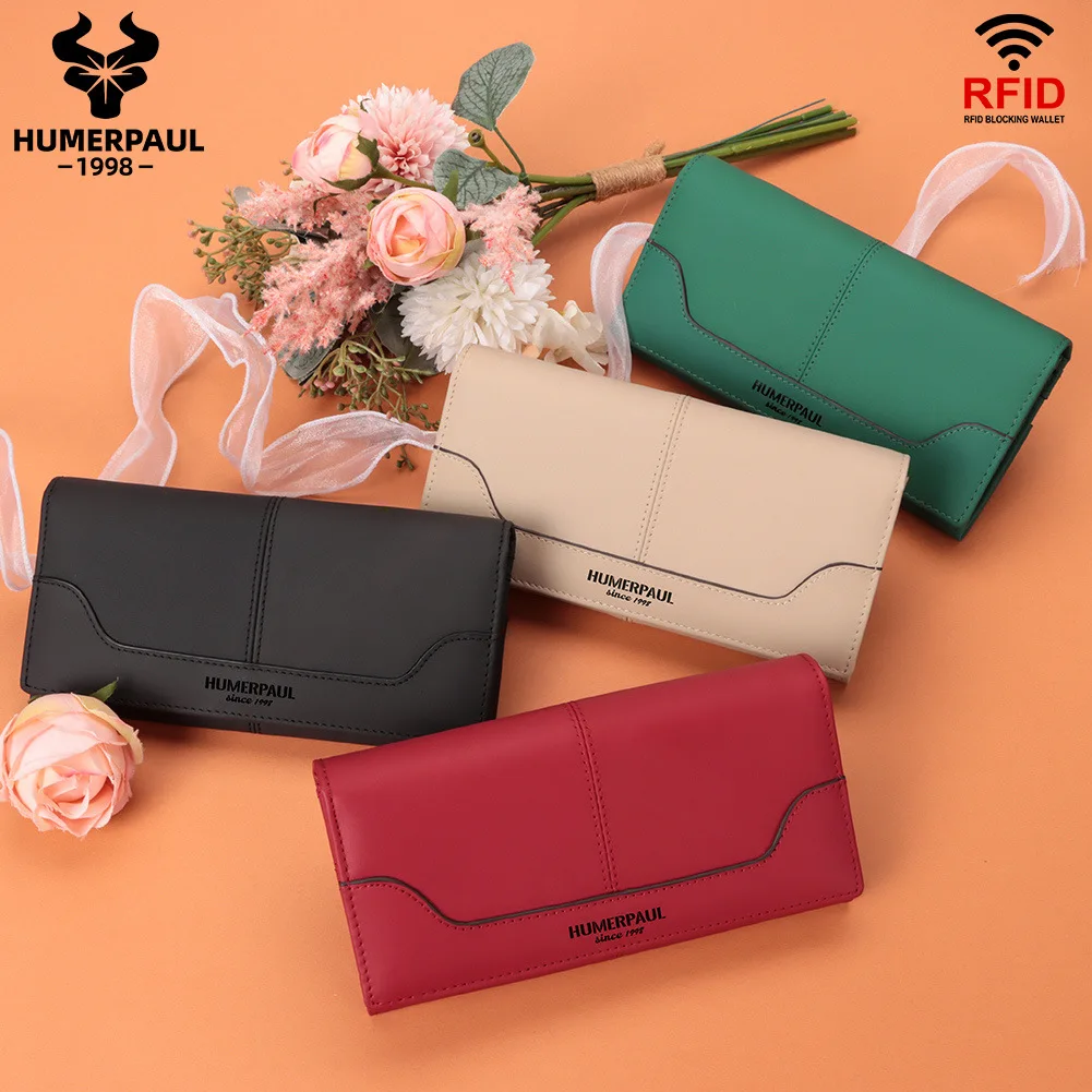 محفظة جلدية طويلة للنساء، طبقة علوية من جلد البقر، محفظة تخزين فضفاضة متعددة الفتحات محمولة باليد RFID ذات سعة كبيرة