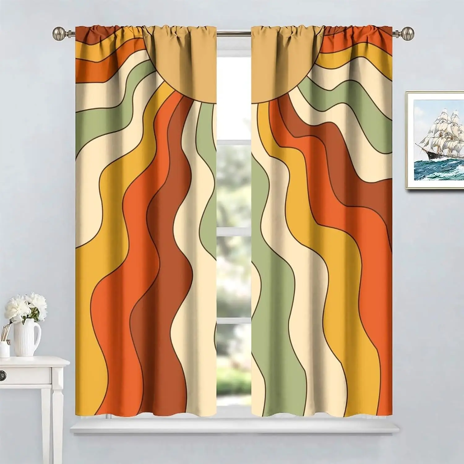 Vintage Groovy Sun Curtains, Abstract 70s Boho Aesthetic Rainbow Hippie Mid Century Colorful Funky Wave Orange Yellow Rod Pocket