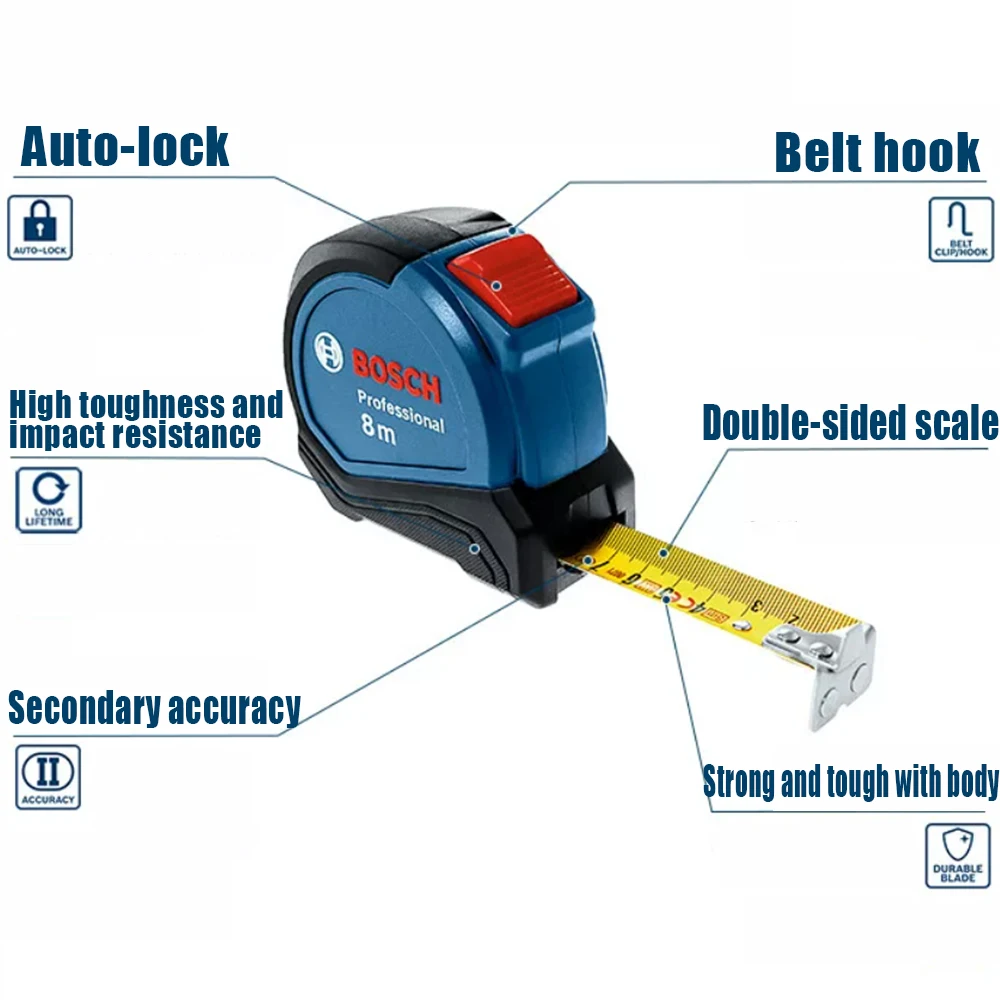 Bosch 8M Magnetic Steel Tape Measure Double-Sided High-Definition Wear-Resistant Household Industrial Measurement Tape Measure
