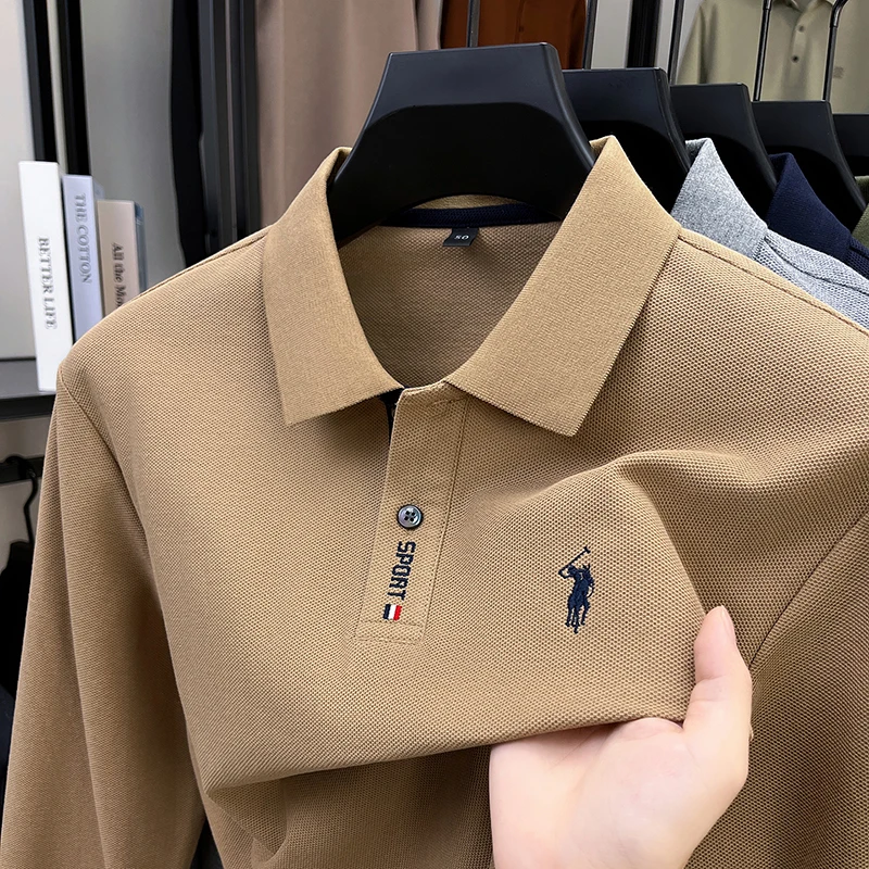 100 القطن قميص بولو الربيع والخريف طويلة الأكمام تي شيرت رجالي مطرزة الأعمال الجديدة والترفيه بلون فضفاض تي شيرت
