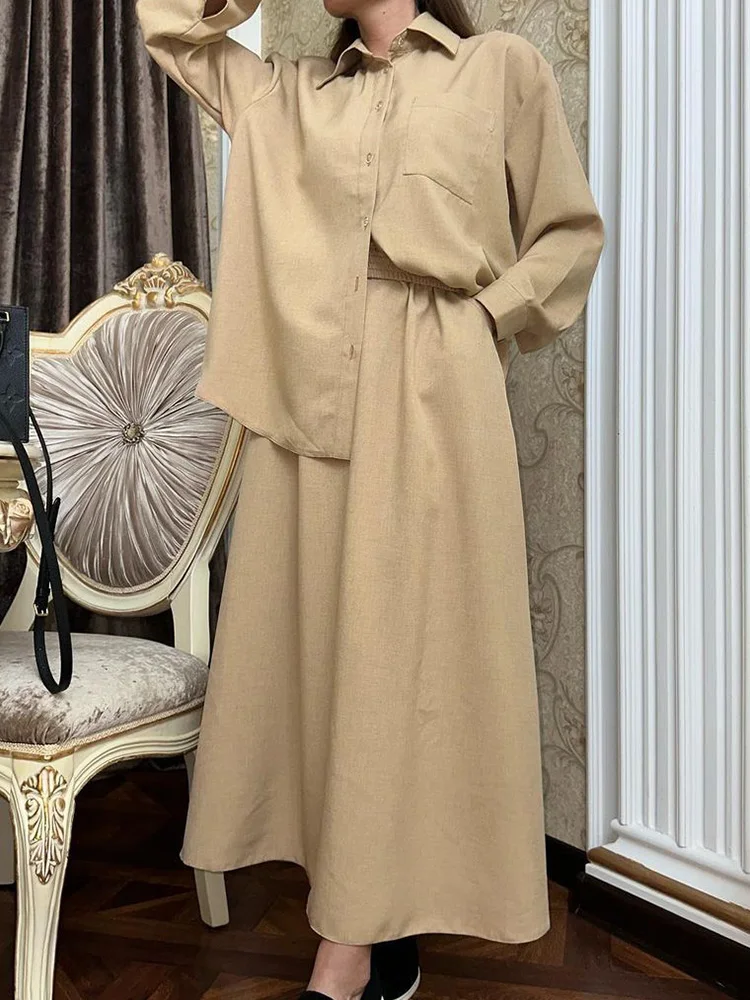 2024 2 Piece Muslim Sets Dubai Turkish Modesty Shirts Blouses Cardigan Tops with Long Skirt Ramadan Eid Islamic Modest Outfits