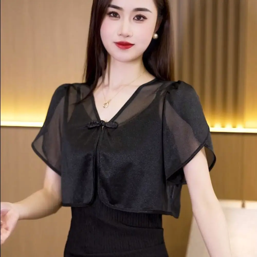 Thin Jacket Chiffon Chiffon Shawl Short White Black Tulle Shawl Chinese Style Sun Protection Clothing Women Girls