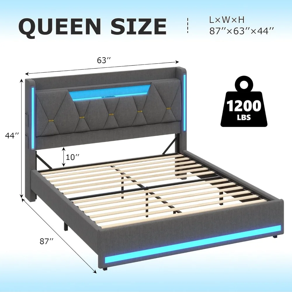 Marco de cama queen LED con cabecera de almacenamiento y almacenamiento oculto, luces LED, con estación de carga, cama tapizada de metal tamaño Queen