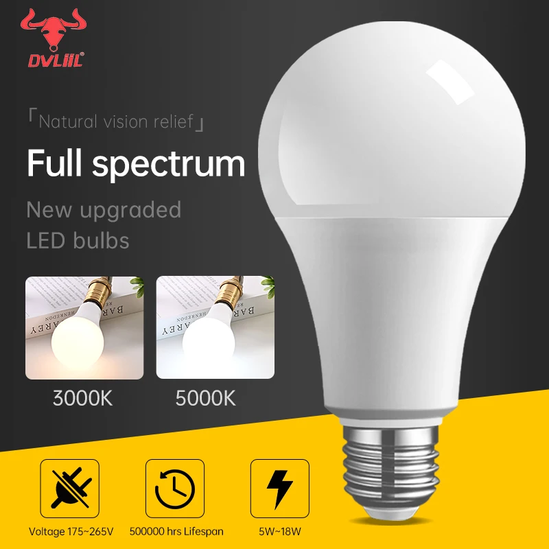 LED Full Spectrum Bulb E27 5W 7W 12W 15W 18W Led Bulb  no flickering warm white light to adapt to the study Eye protection bulb