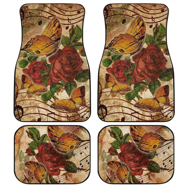 Music Note Butterfly Car Floor Mats Custom Red Rose Car Accessories 4PCs Pack