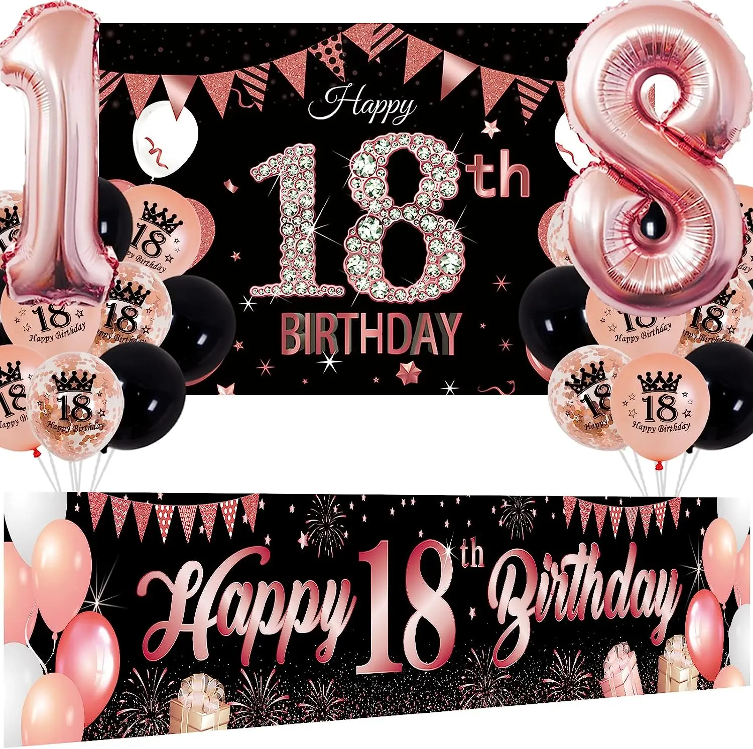 

Happy 18th Birthday Party Decorations for Girls Rose Gold 18th Birthday Yard Banner Backdrop Crown 18 Printed Confetti Balloons