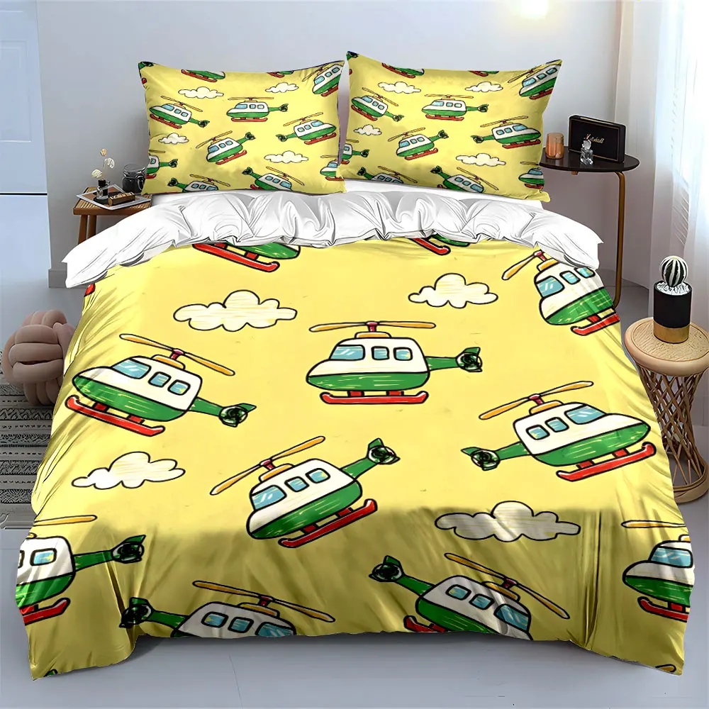 Helicopter Pattern Kids Room Decor Soft Skin-Friendly Bedding Set Includes 1 Duvet Cover And 2 Pillowcase, Gift