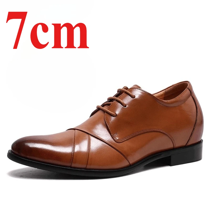 Men's Dress Shoes Genuine Leather 7cm Elevator Thick Bottom Pointed Toe Derby Shoes Comfortable Breathable Wedding Groom's Shoes