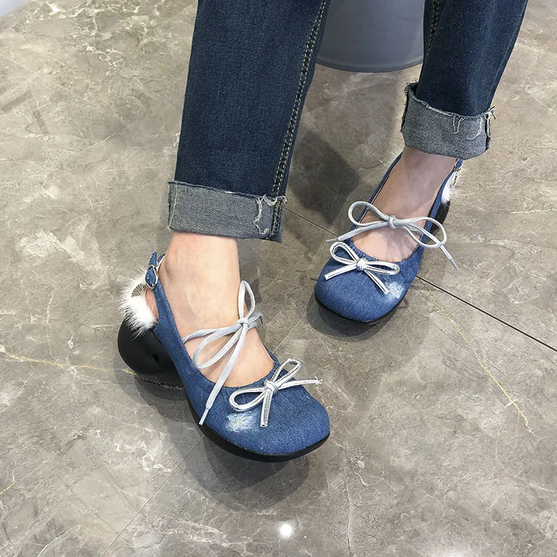 Mary Jane Shoes Women's Spring/summer 2023 New Fashion Denim Blue Round Head Thick Sole Buckle Single Shoes