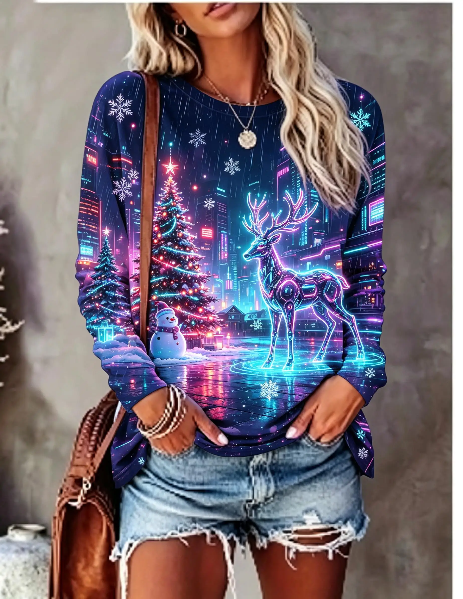 Women Long Sleeve T‑Shirt Neon Cyber Unicorn Crown City Night Snowflake Print Crew Neck Tops