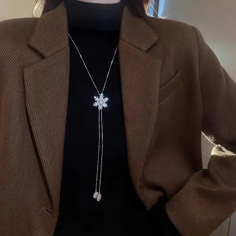 قلادة ندفة الثلج الدورية حجر الراين شرابة قلادة زهرة الثلج قابل للتعديل سلسلة سترة طويلة للنساء مجوهرات #3
