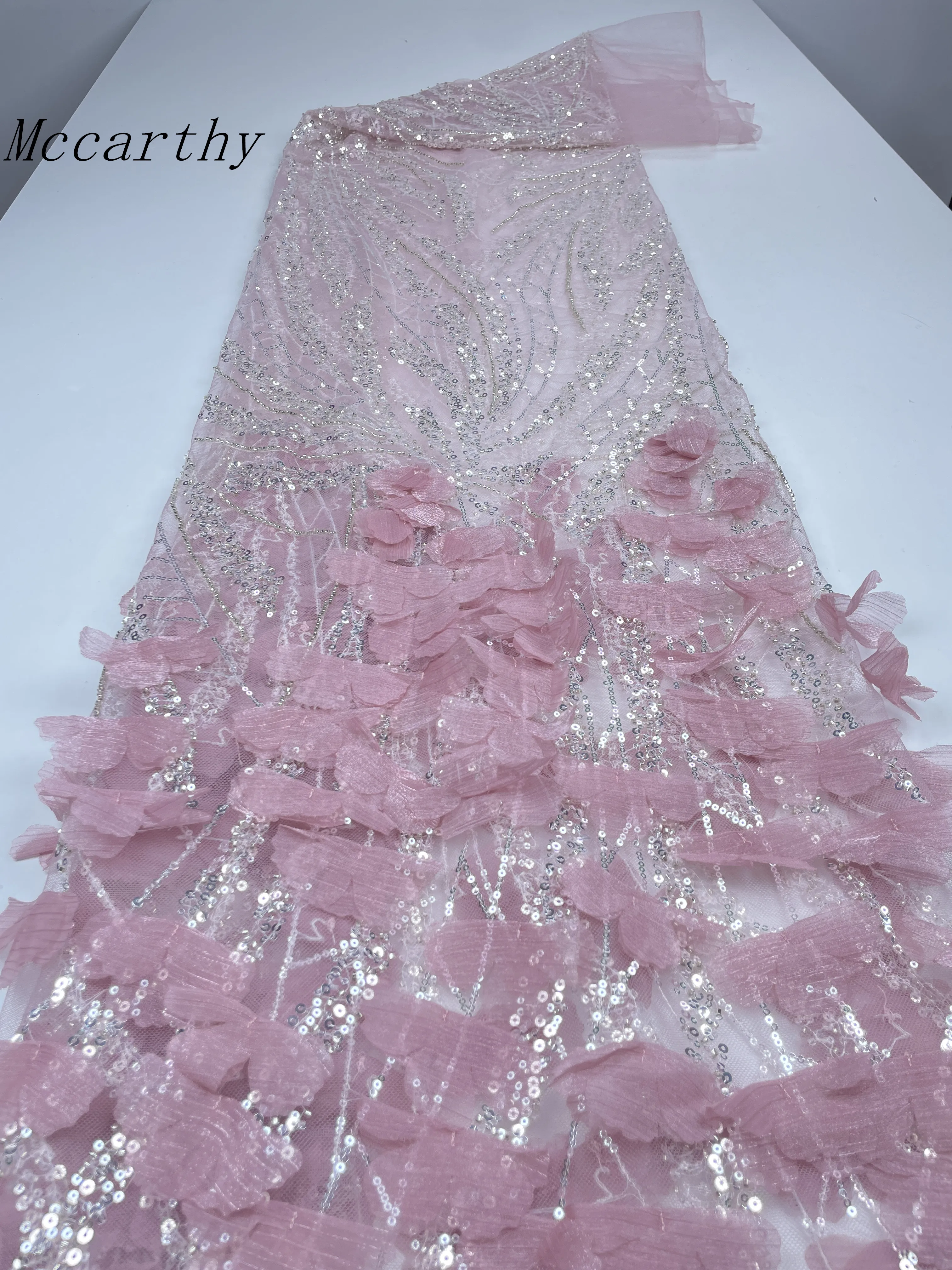 Latest African 3D Flower Lace Fabric Embroidery 2025 French Sequins Mesh Lace Fabric Nigerian Tulle Lace For Party Dress