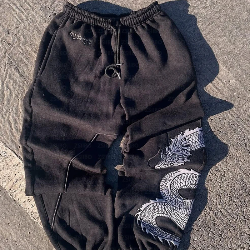 Unisex Gothic Hip-Hop Dragon Print Drawstring Crew Leggings 2026 Versatile Streetwear Loose Sportswear Long Pants