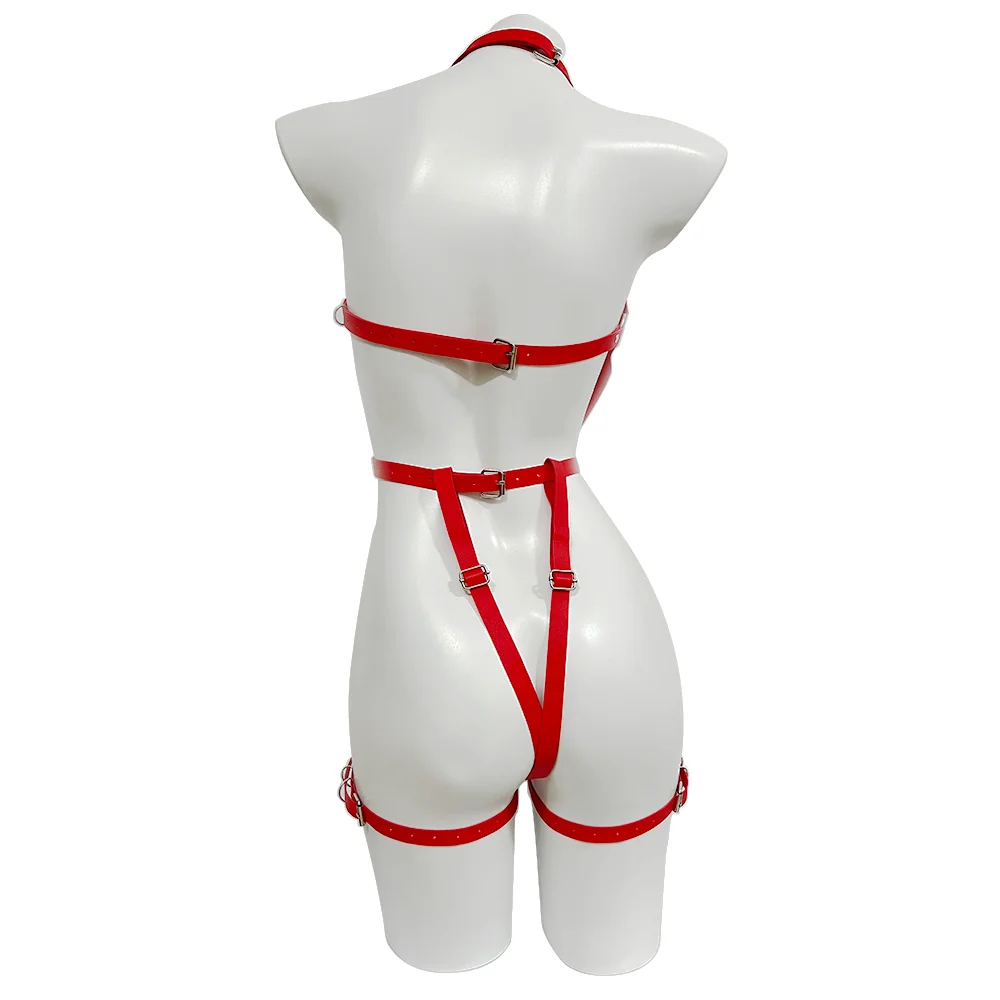 Red Trendy Sexy Women Full Body Harness Belt Leather Lingerie Thigh Garter Goth Adjustable Lingerie Harness Fetish Clothing