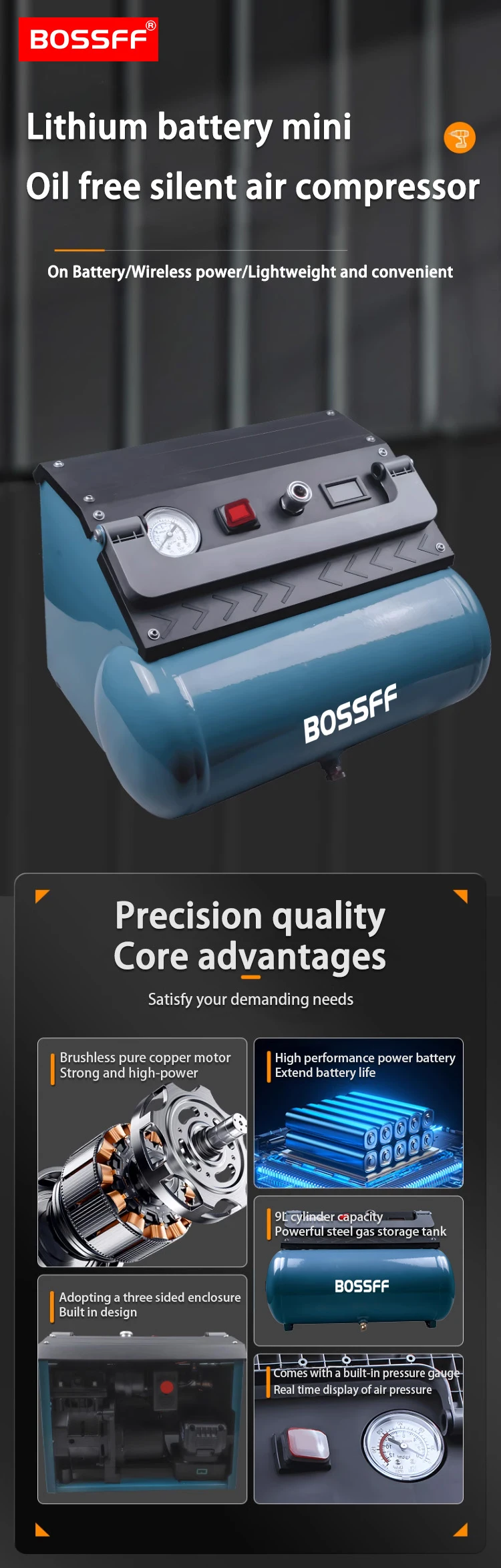 エアコンプレッサー 9L 7.5 バー静音純銅ブラシレスコードレス純銅ブラシレスオイルフリー小型電動エアコンプレッサー