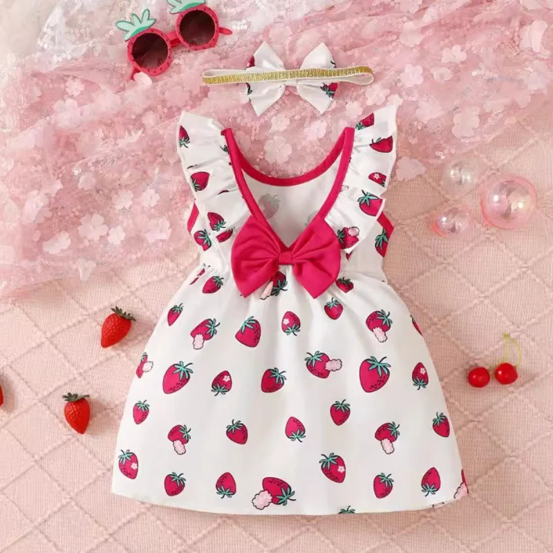 

Baby Dress Summer Girl's Sweet Bow Dress Strawberry Print Small Fresh Children's Casual Dress Headband Children's Wear 0-3Y D2L
