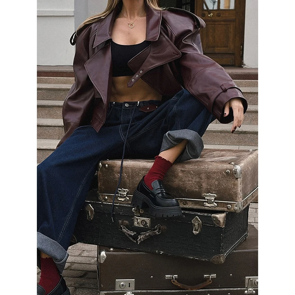 Femmes en cuir PU Jaet vin rouge col rabat manchette réglable moto Sle Long Sve Faionable automne hiver manteau