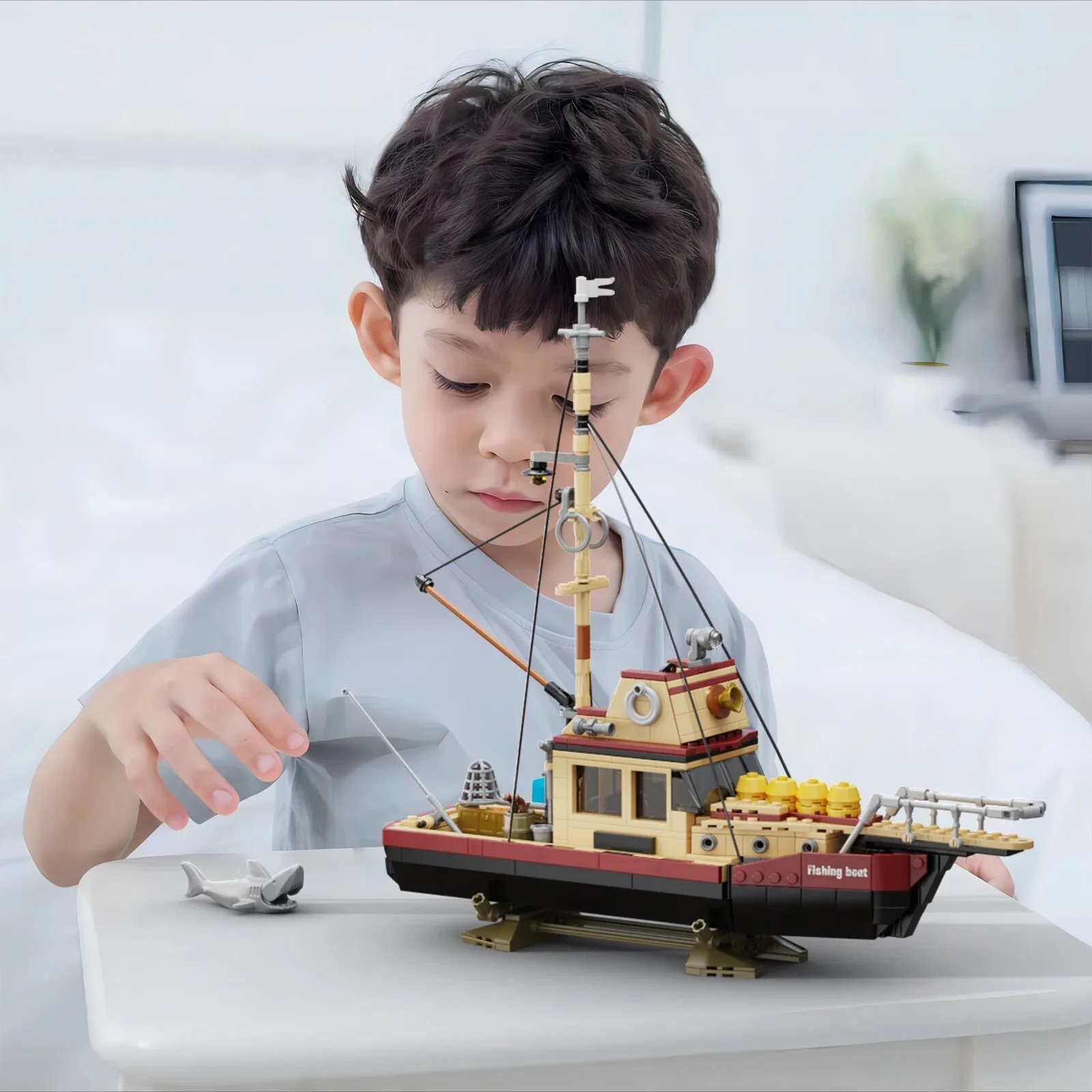 City Fishing Boat Vessel Trawlboat Model Building Blocks Set White Shark Pattern Pirate Ship Building Blocks Toy for Kits