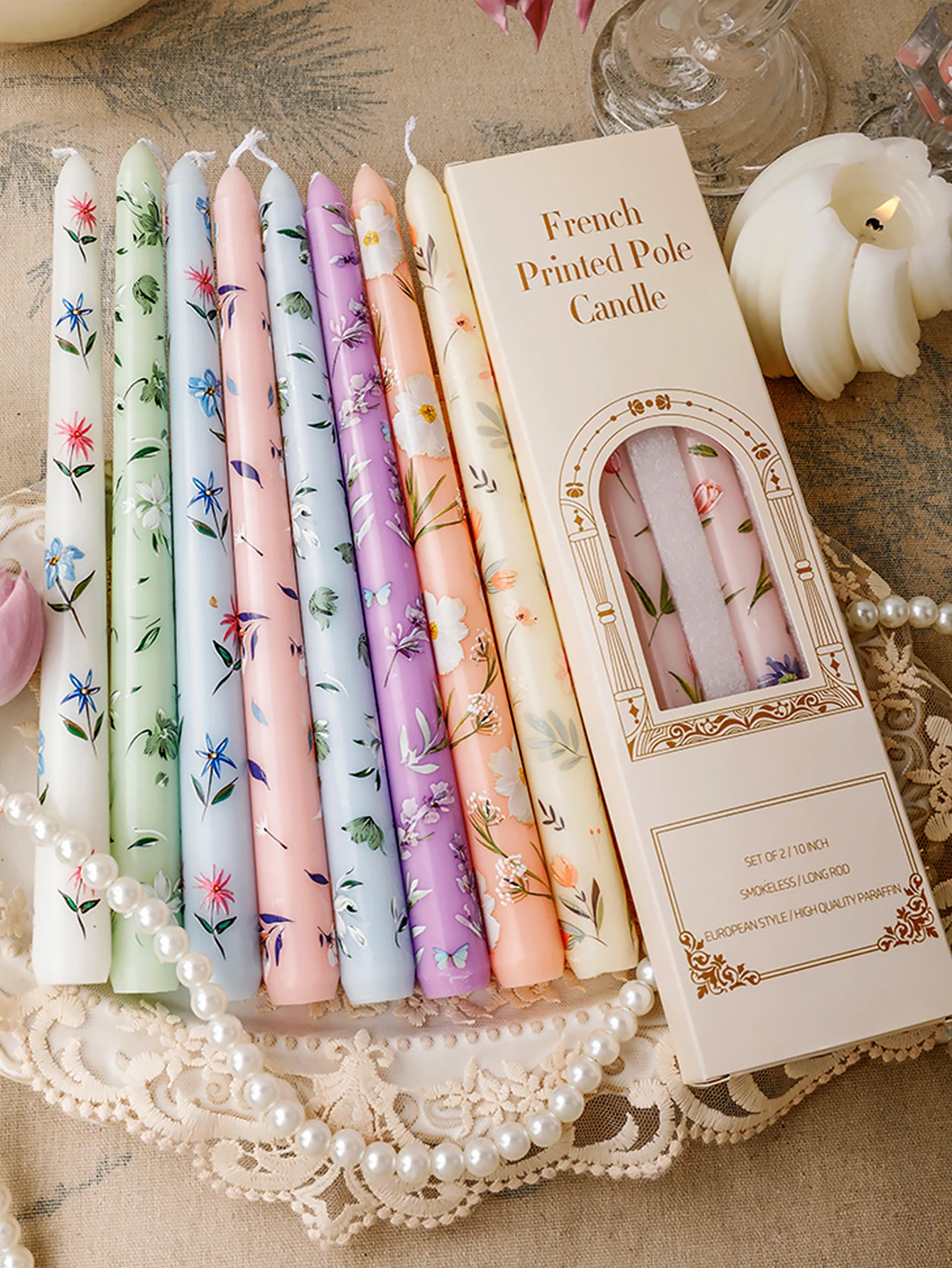 25cm Printed Long Stick Candles Smokeless Decorative Candles for European Style Romantic Candlelight Dinner Wedding Festival