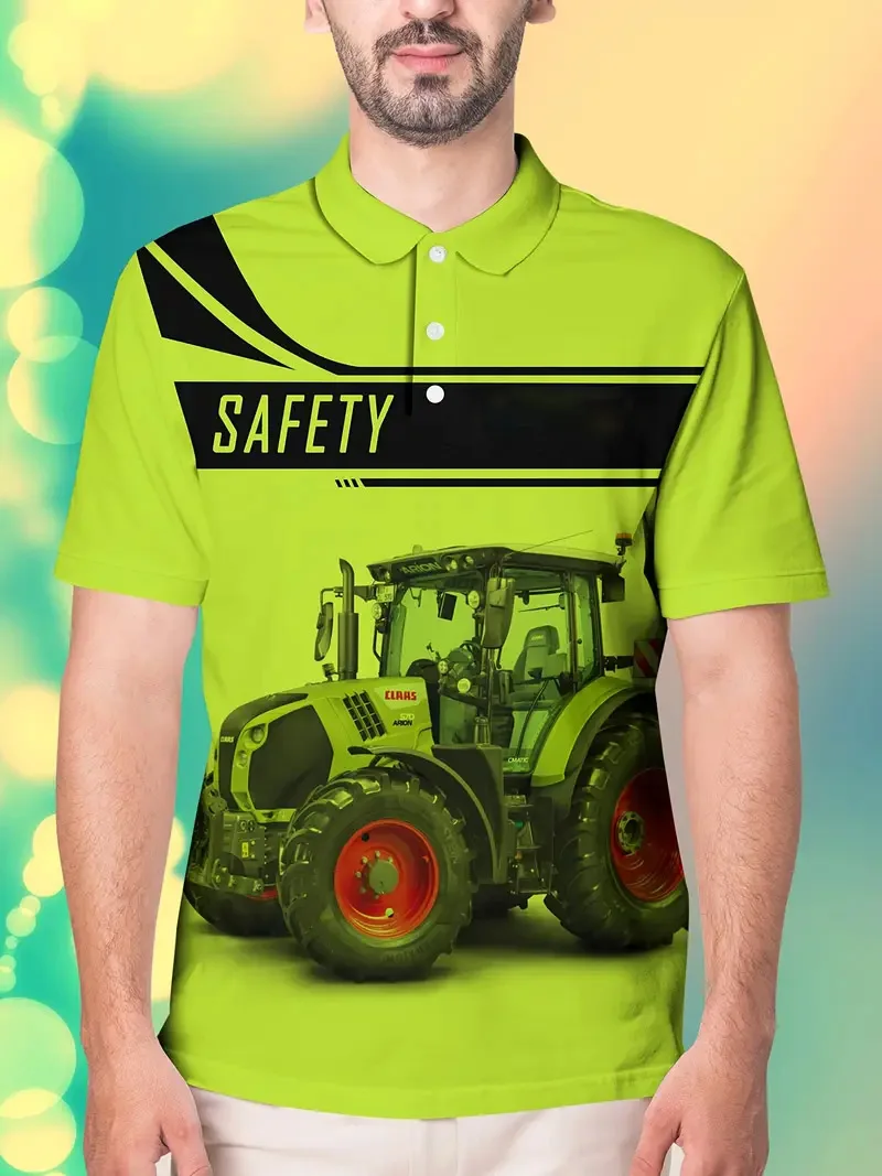 Men's Farm Tractor Pattern POLO Shirt - Tractor Theme Design, Suitable for Leisure Work Clothes of Tractors and Farm Activities