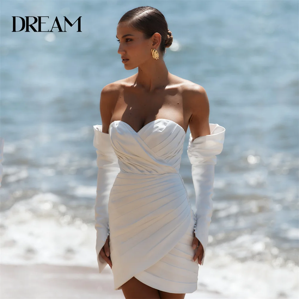 

DREAM Pleat Short Wedding Dress Satin Long Sleeve Sweetheart Open Back Above-Knee Slit Bridal Gown Vestido De Novia Customized