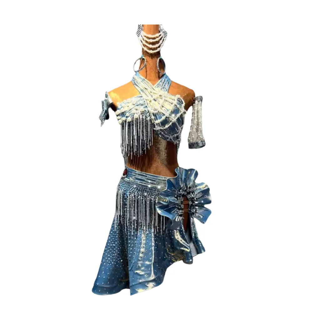 Latin dansers, volwassenen, kinderen, hoogwaardige op maat gemaakte Pearl Galaxy-jurk, Tango Samba AB Stone Performance-jurk