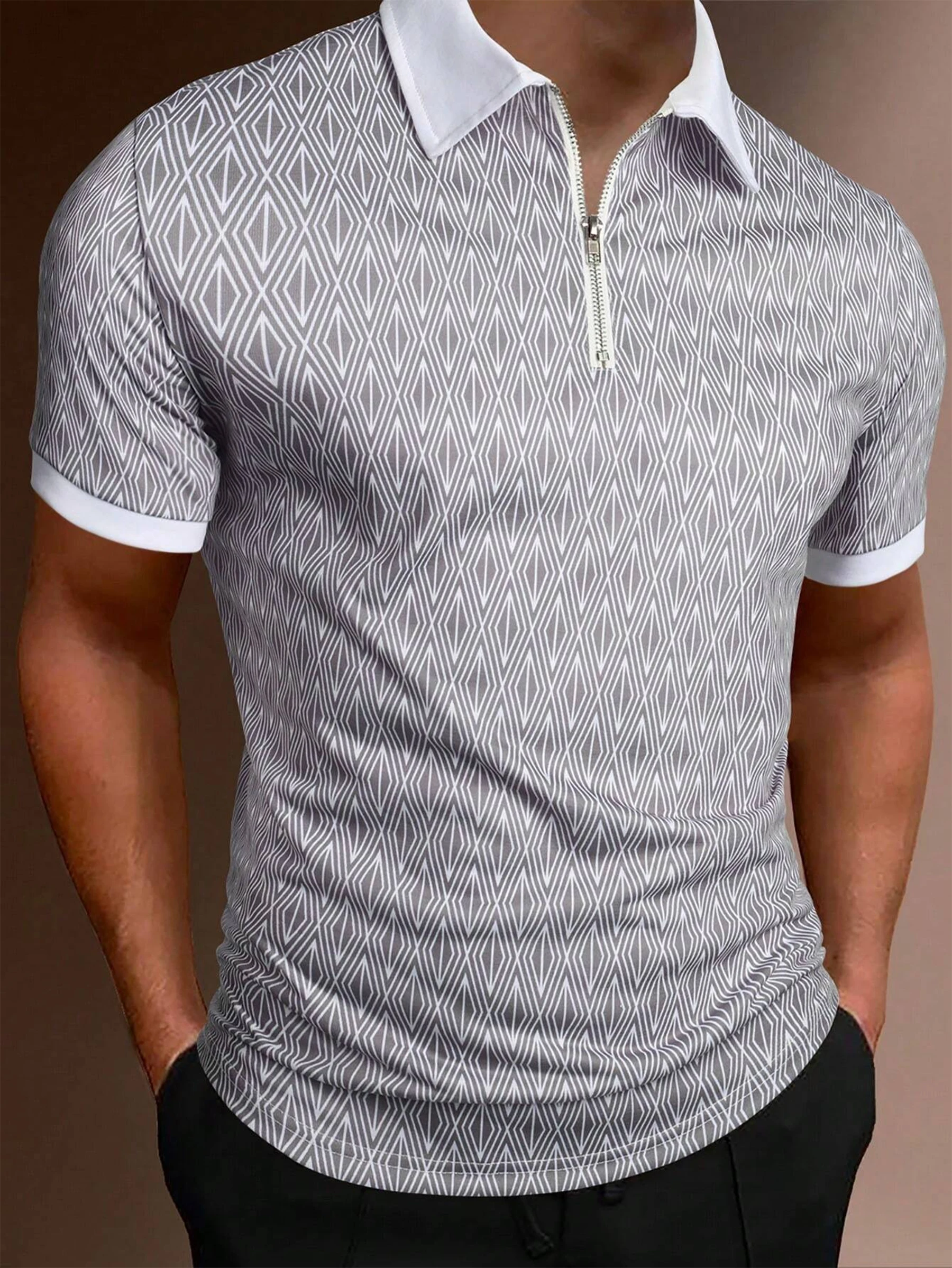 

New Summer Men's Zipper Polo Shirt Collar Short-Sleeved Pullover Casual Sports Solid Color Stand Collar Trend T-Shirt