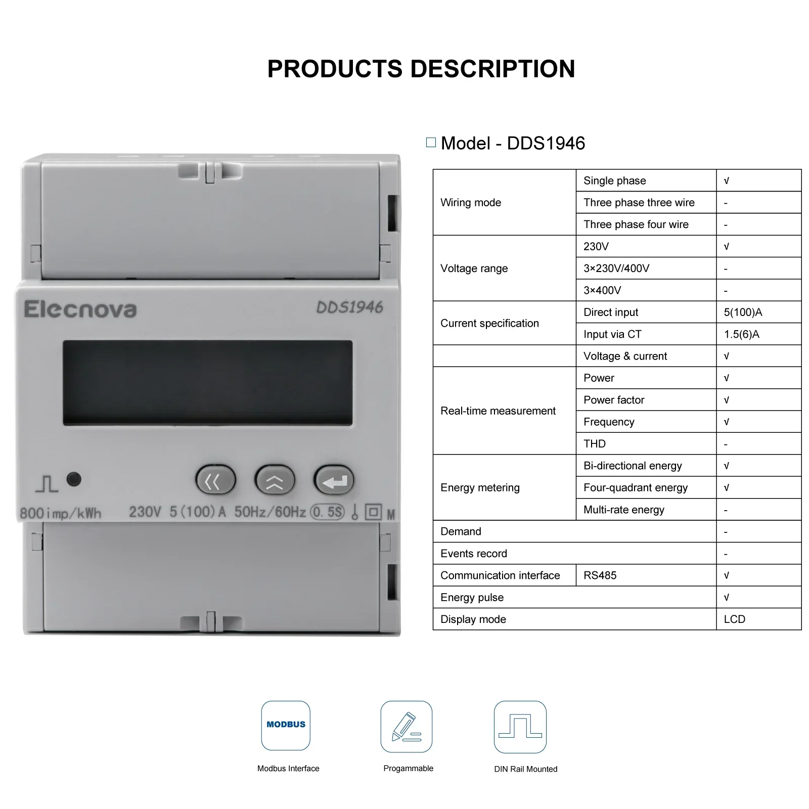 Single Phase Electronic Energy Meter Solar Power RS485 DIN Rail LCD Electricity Consumption Monitor Multimeter AC DDS1946-L4