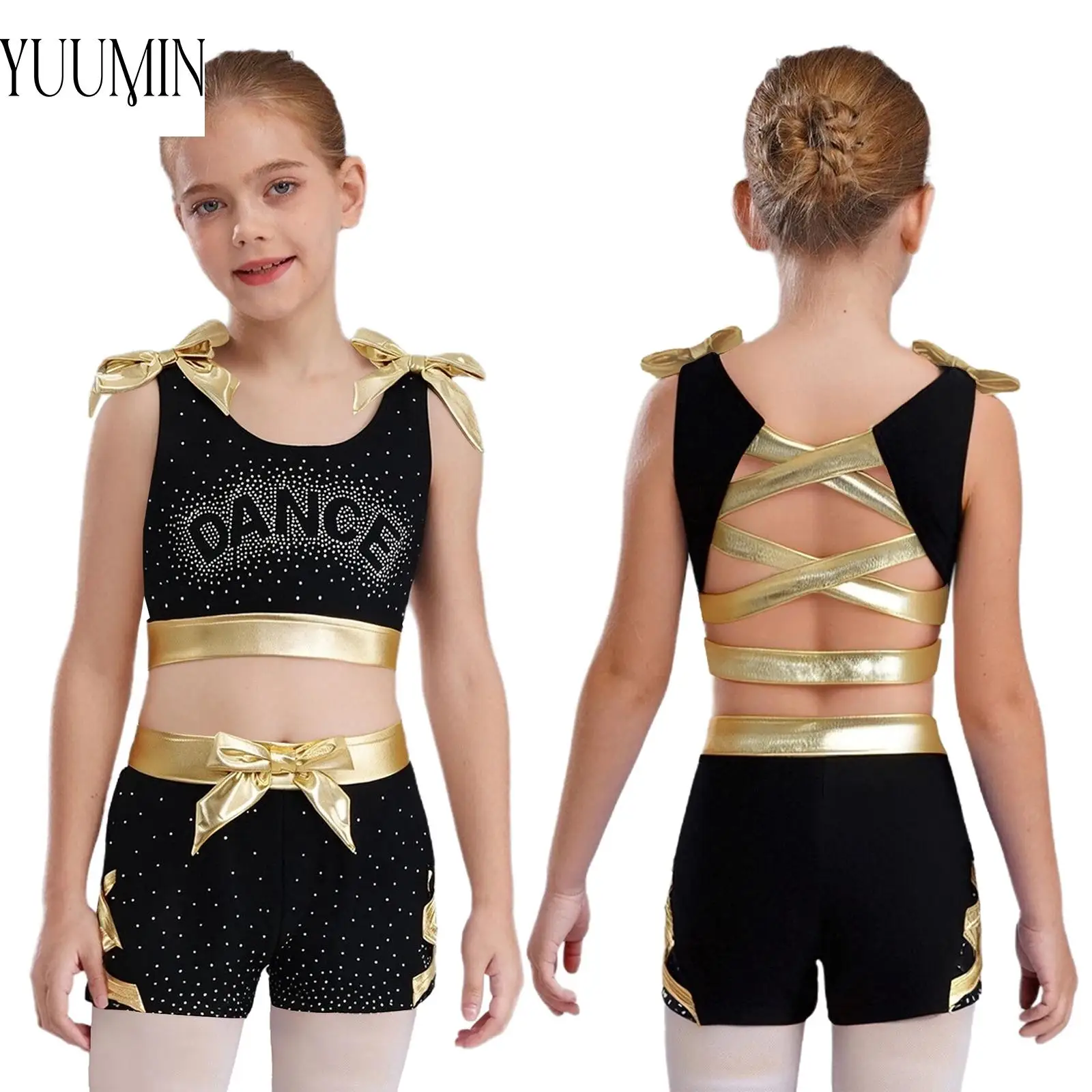 

Girls Figure Skating Outfit Gymnastics Dance Sports Set Sleeveless Crisscross Back Metallic Bowknots Rhinestones Vest+Shorts Set
