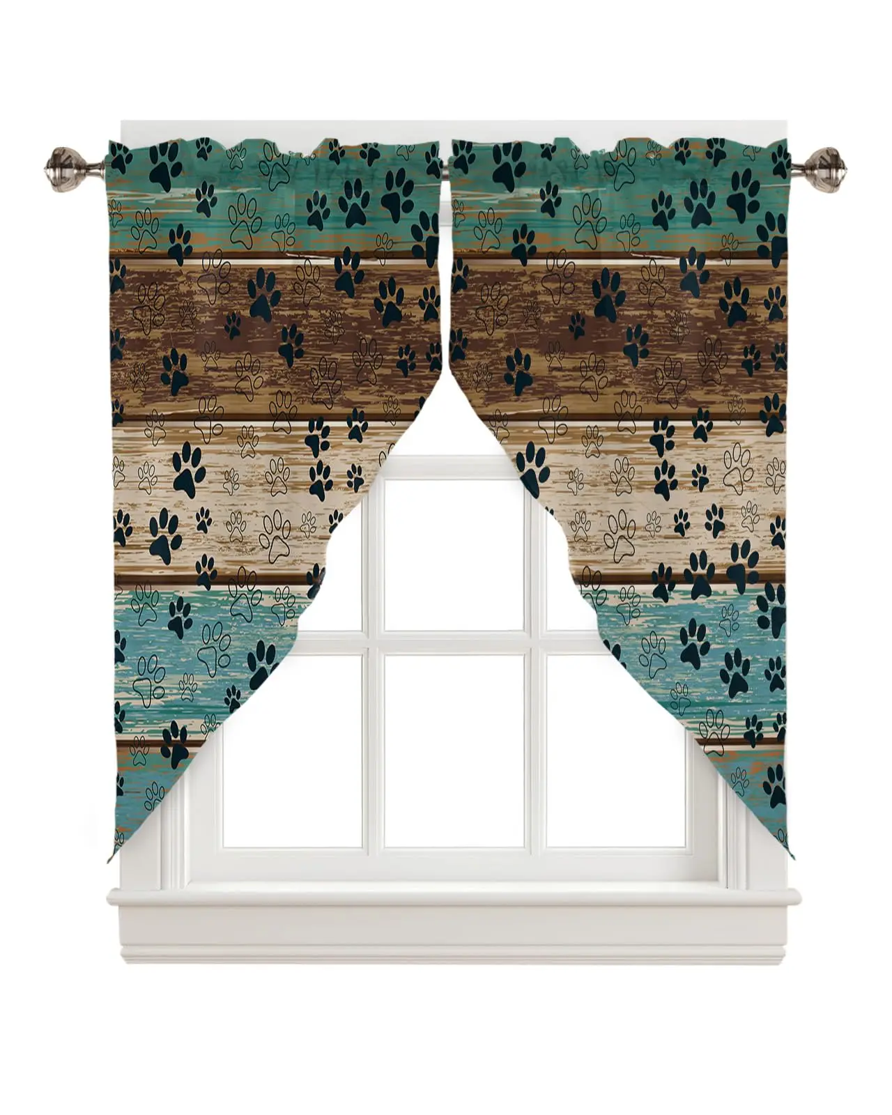 

Dog Paw Print Swag Valances for Window 2 Pack, Retro Teal Brown Beige Kitchen Curtains Living Room Bathroom with Rod Pocket